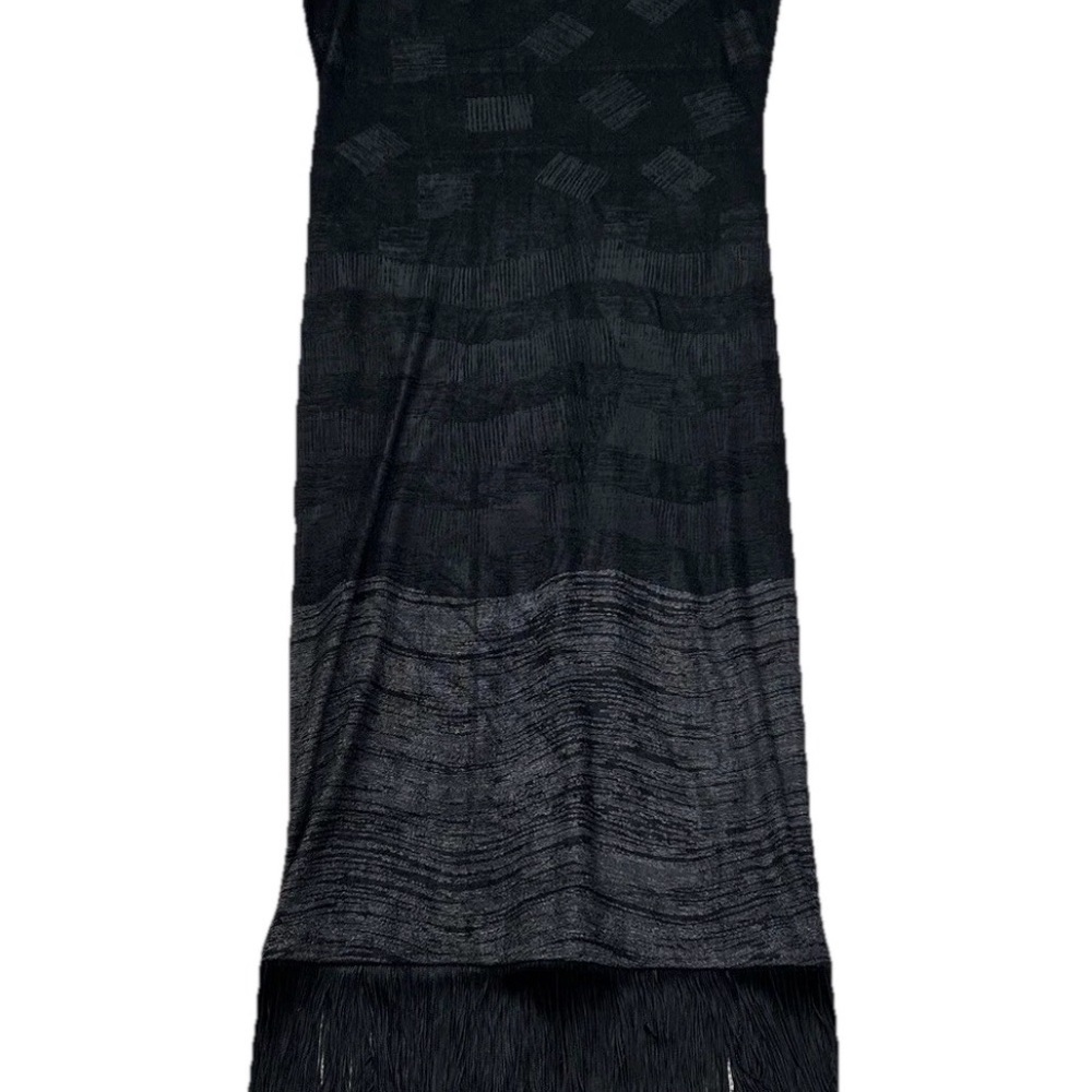 VTG Rare Black Fringe Maxi Dress Slinky Velvet Texture Boho Flapper Gothic Glam - Picture 2 of 8